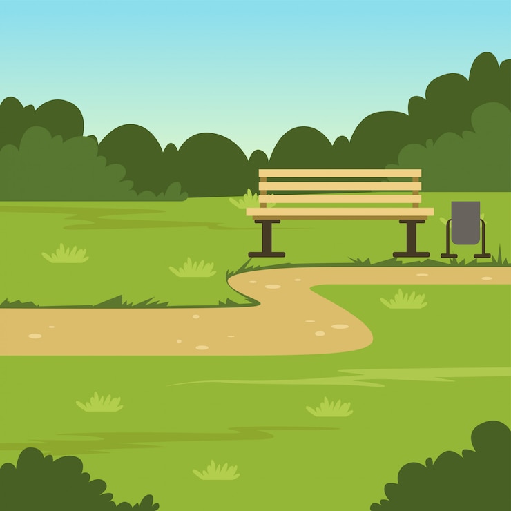 Vector city park bench, green summer landscape, nature background   illustration