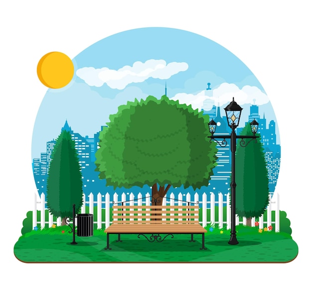 都市公園のコンセプト、木製のベンチ、正方形の街灯のゴミ箱。建物や木々のある街並み