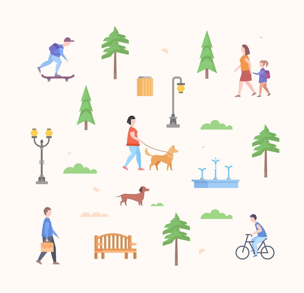 City park constructor - set of modern flat design style elements isolated on light background. Trees, lanterns, bench, people walking, skating, dog, walking girl, bin, cloud, lawn, fountain