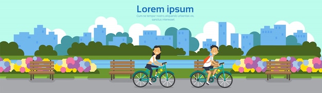 city park couple man woman cycling wooden bench green lawn flowers river trees sityscape template background horizontal banner copy space flat