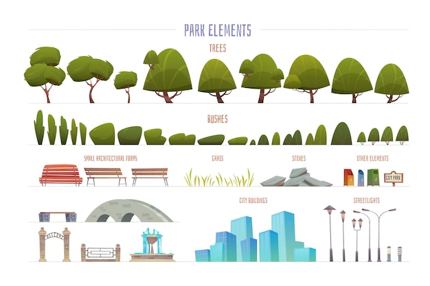 City park elements cartoon set of summer trees bushes benches street lights stones buildings grass isolated vector illustration