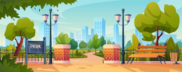 Vector city park entrance and wooden benches trees lamp