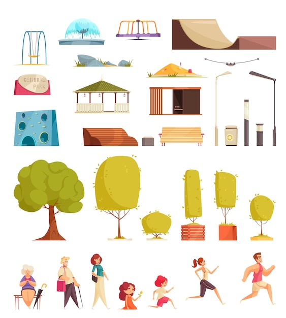 Vector city park flat set with lanterns trees benches skateboarding elements swing runners walking knitting people vector illustration