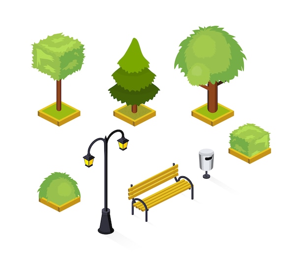 City park isometric illustrations pack, urban garden, public place isolated 3d design elements, greenery, lush trees and bushes, hedge, street light, lamp post, wooden bench, trash can