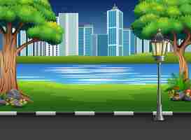 Vector city park landscape with river and urban background