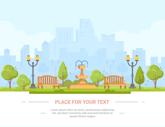 City park - modern vector illustration with place for text.\
urban landscape with skyscrapers, business center on the\
background. recreation zone with big fountain, benches, lanterns,\
trees