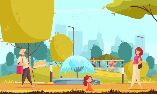 Vector city park summer flat illustration