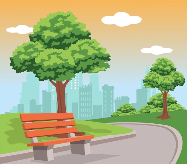 Vector city park with green trees and grass wooden bench lanterns and town buildings on skyline