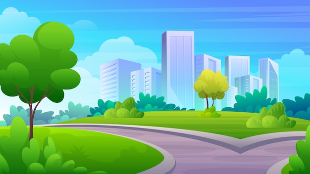 City park with green yard, trees, grass and city skyline, cartoon public garden landscape