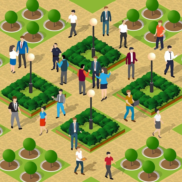 Parco cittadino con alberi e persone che camminano vacanzieri stile di vita scena urbana isometrica 3d illustrazione per l'industria del design e dei giochi