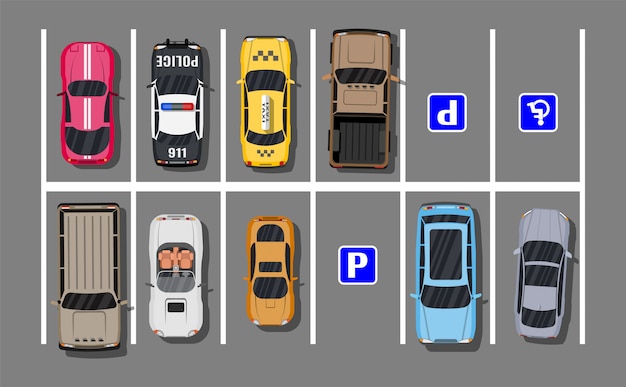 Vector city parking lot with different cars