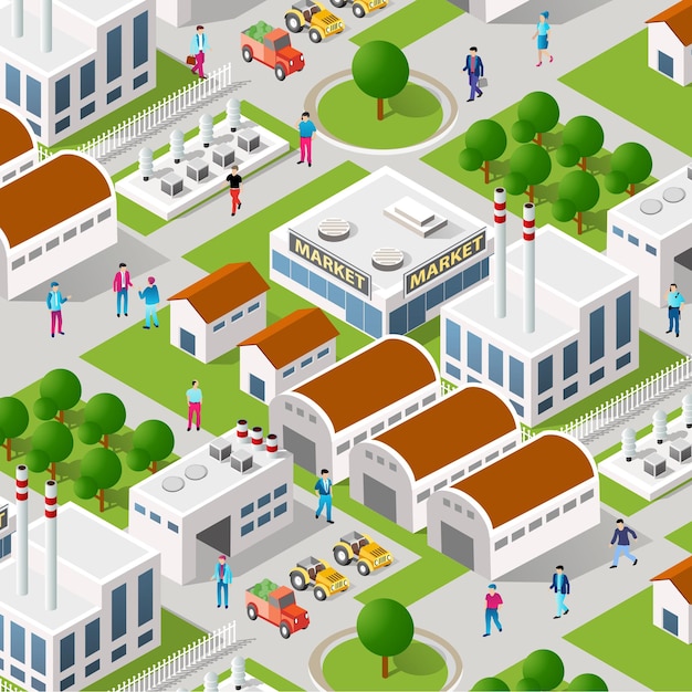 City plant factory industrial isometric urban design elements