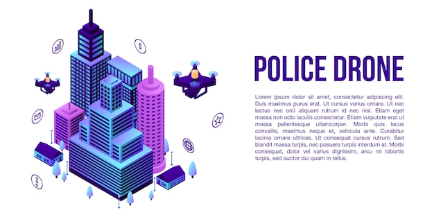 City police drone concept banner, isometric style