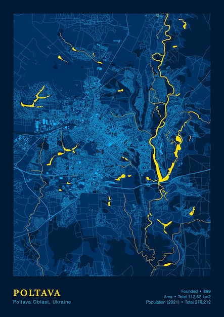 도시 Poltava 우크라이나 벡터 포스터 애국적인 국가 노란색 파란색 플래그 색상에서 매우 상세한 지도 도시 교통 시스템 지도 제작에는 건물 도로 및 물 개체가 포함된 그룹화된 지도 기능이 포함됩니다.