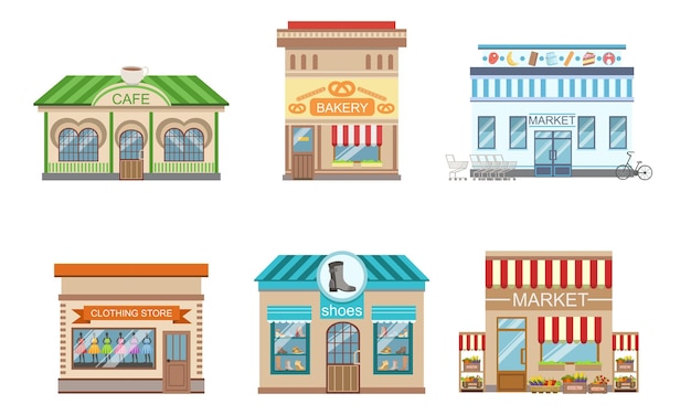 Vector city public buildings facades set market pizza cafe bakery clothing store shoes vector illustration