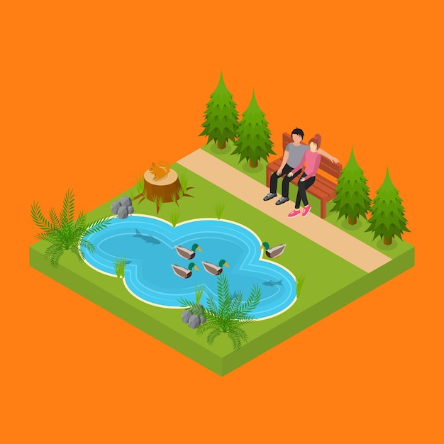 Vector city public park or square object 3d isometric view vector