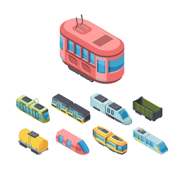 Vector city public transport isometric 3d illustrations set. speed railway transportation.