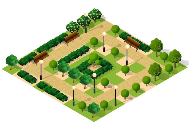 공원이 있는 나무가 있는 도시 분기 평면도 풍경 아이소메트릭 3d 그림