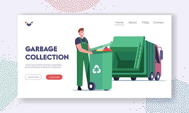 city recycle service landing page template. janitor male character loading recycling container with litter. garbage man loading wastes to truck for reduce pollution. cartoon vector illustration