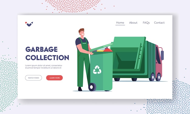 Vector city recycle service landing page template. janitor male character loading recycling container with litter. garbage man loading wastes to truck for reduce pollution. cartoon vector illustration