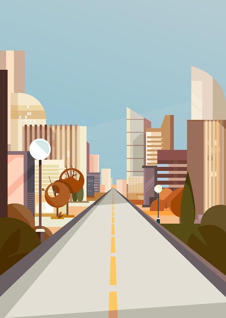 Vector city road in autumn season. cityscape in vertical orientation.