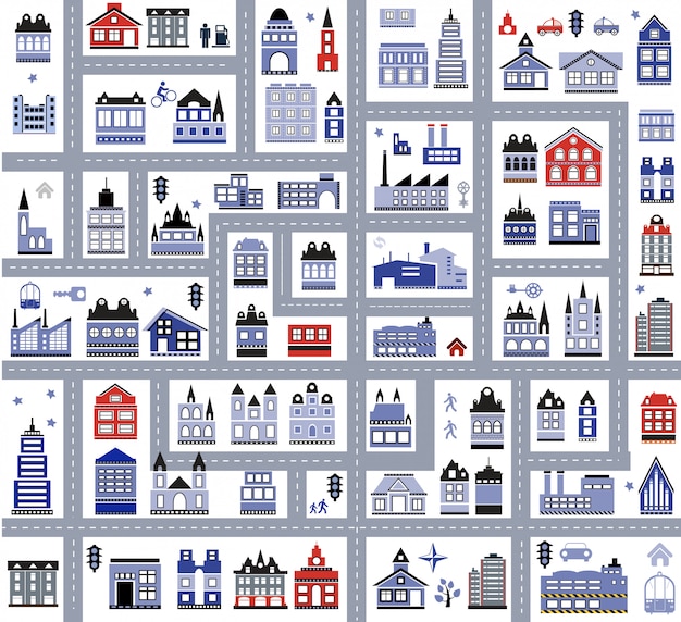 city road and buildings, map