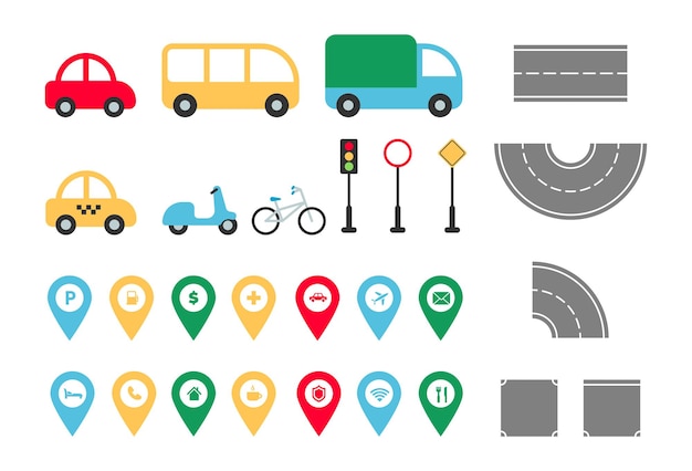 City road elements set town map constructor flat transport car bus truck taxi bike map pointer