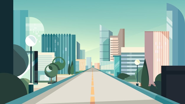 Vector city road in spring season. cityscape in flat style.