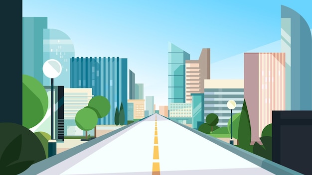 Vector city road in summer season. cityscape in flat style.