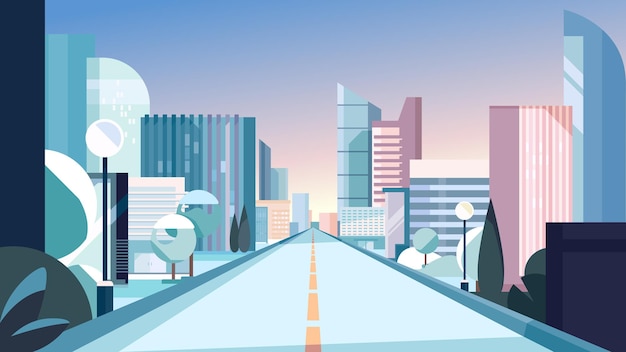 Vector city road in winter season. cityscape in flat style.