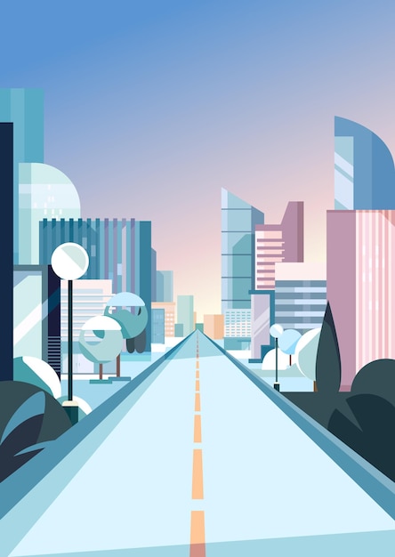 Vector city road in winter season. cityscape in vertical orientation.