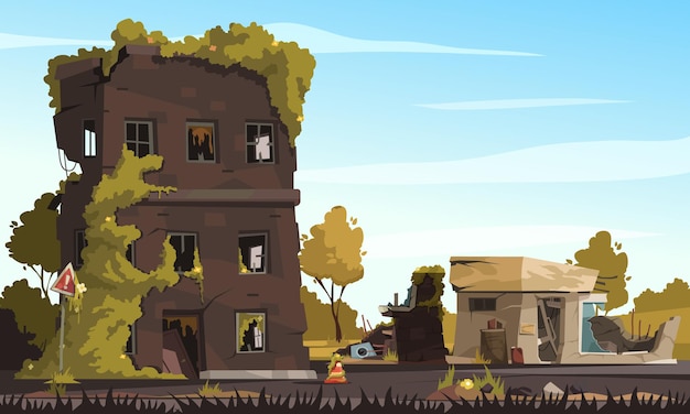 Vector city ruins with destroyed abandoned buildings in war zone cartoon