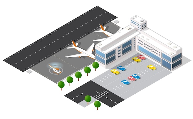 Vector city's airport the trees and the flight of construction and building