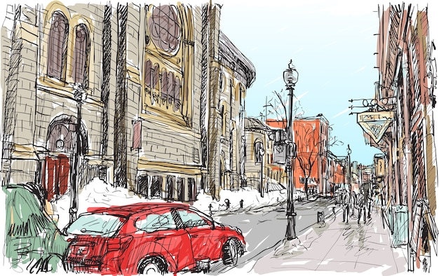 City scape sketch of town street in Quebec Canada