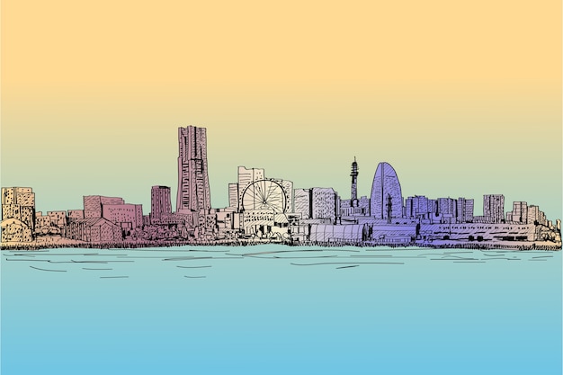 Skyline della città scape di yokohama in giappone disegno a mano libera e illustrazione