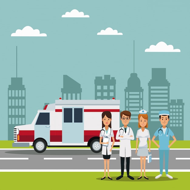 Vector city scene with ambulance truck and specialist doctors team