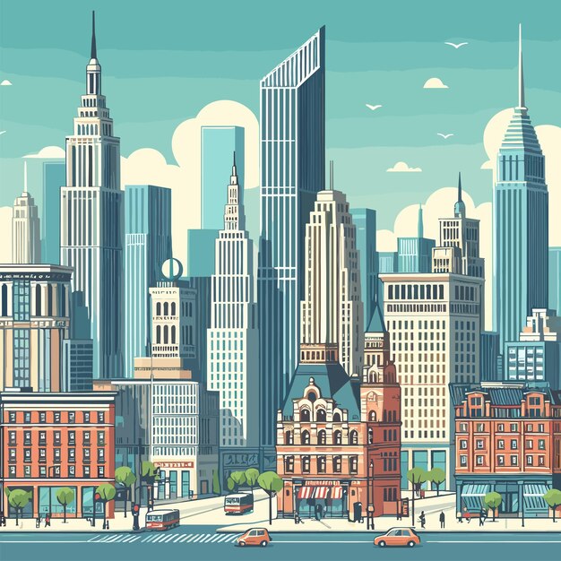 Vector city scene with tall buildings vector illustration