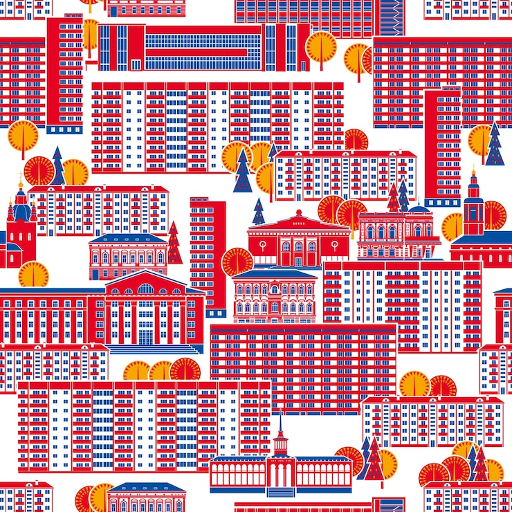Vector city seamless pattern panel highrises and old historic houses are bright red and blue