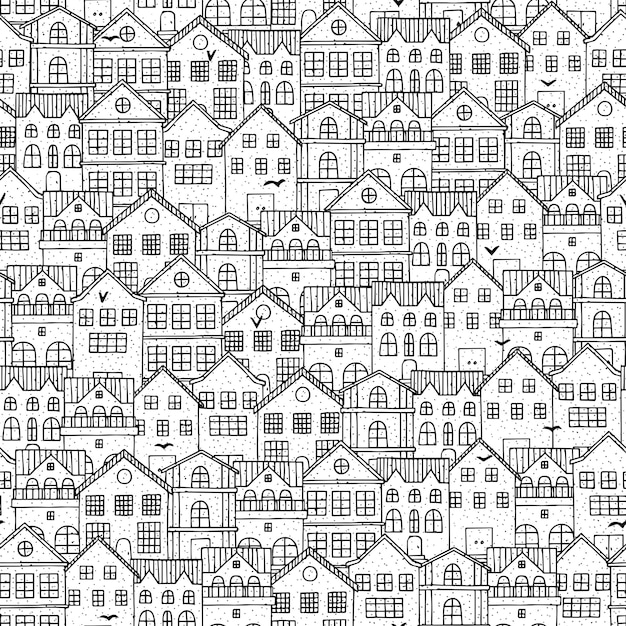 city seamless pattern with hand drawn houses.