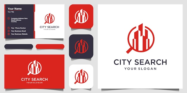 City search city in a magnifying glass logo template skyscrapers and magnifier vector design