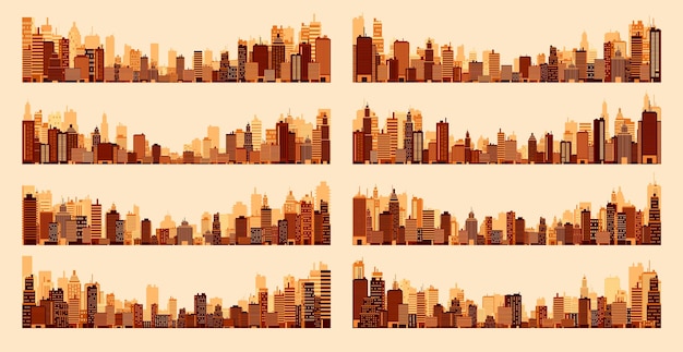 Vector city silhouettes cityscape town skyline horizontal panorama midtown downtown with various buildings