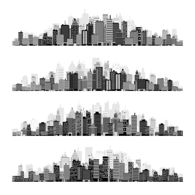 Vector city silhouettes cityscape town skyline horizontal panorama midtown downtown with various buildings