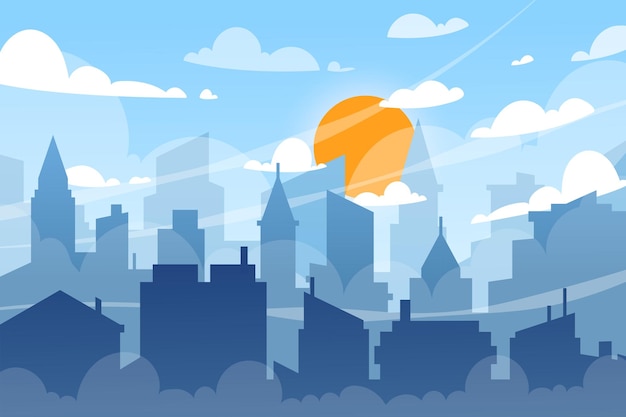 City sky buildings Afternoon downtown cityscape Skyscraper silhouettes Town skyline Clouds and sun Day urban landscape Home exterior view Morning mist Vector garish background