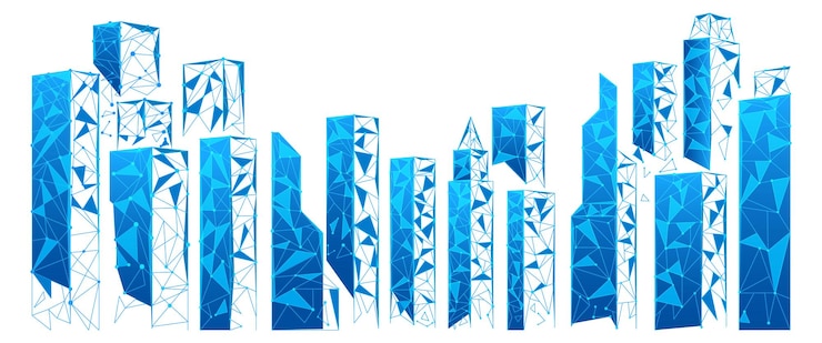 Vector city skyline in blue polygonal style high skyscrapers