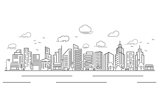 Vettore illustrazione di vettore della siluetta della città dell'orizzonte della città nella progettazione piana