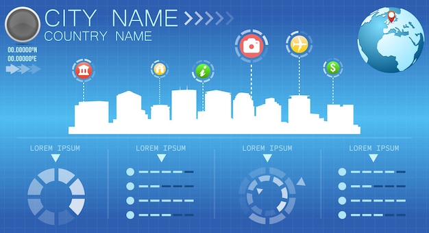 Infografica sullo skyline della città. informazioni sulla tecnologia di base. disegno di illustrazione vettoriale.
