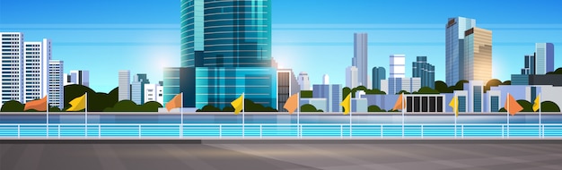 Vector city skyline modern skyscrapers fence and river against cityscape