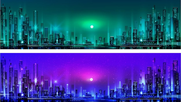 Vector city skyline at night horizontal banner