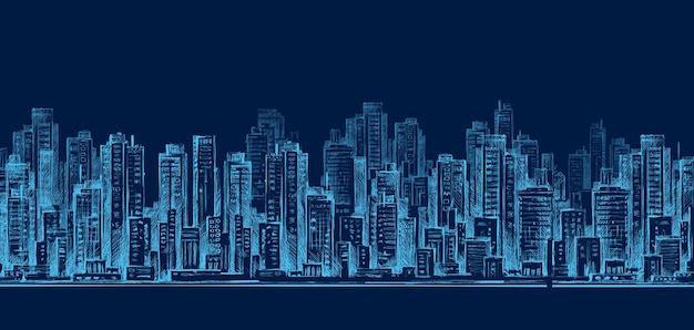 Панорама горизонта города ночью рисованной городской пейзаж рисунок архитектуры иллюстрации