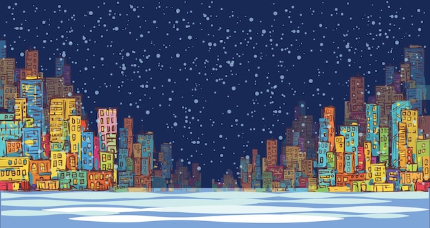 Vector city skyline panorama winter snow landscape at night hand drawn cityscape